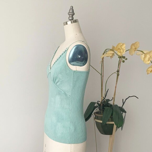 OUI MOMENTS Size 6 Acqua Blue Knitted Viscose Blend Spaghetti Strap Tank Top - Picture 8 of 13